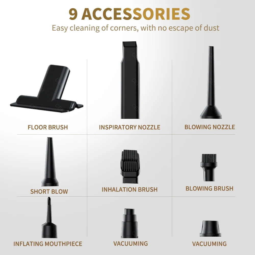 9 Accessories Easy cleaning of corners with no escape of dust - Floor brush, Inspiratory Ngzzle, Blowing Nozzle, Short blow, Inhalation brush, blowing brush, Inflatng Mouthpiece, vacuuming, vacuuming